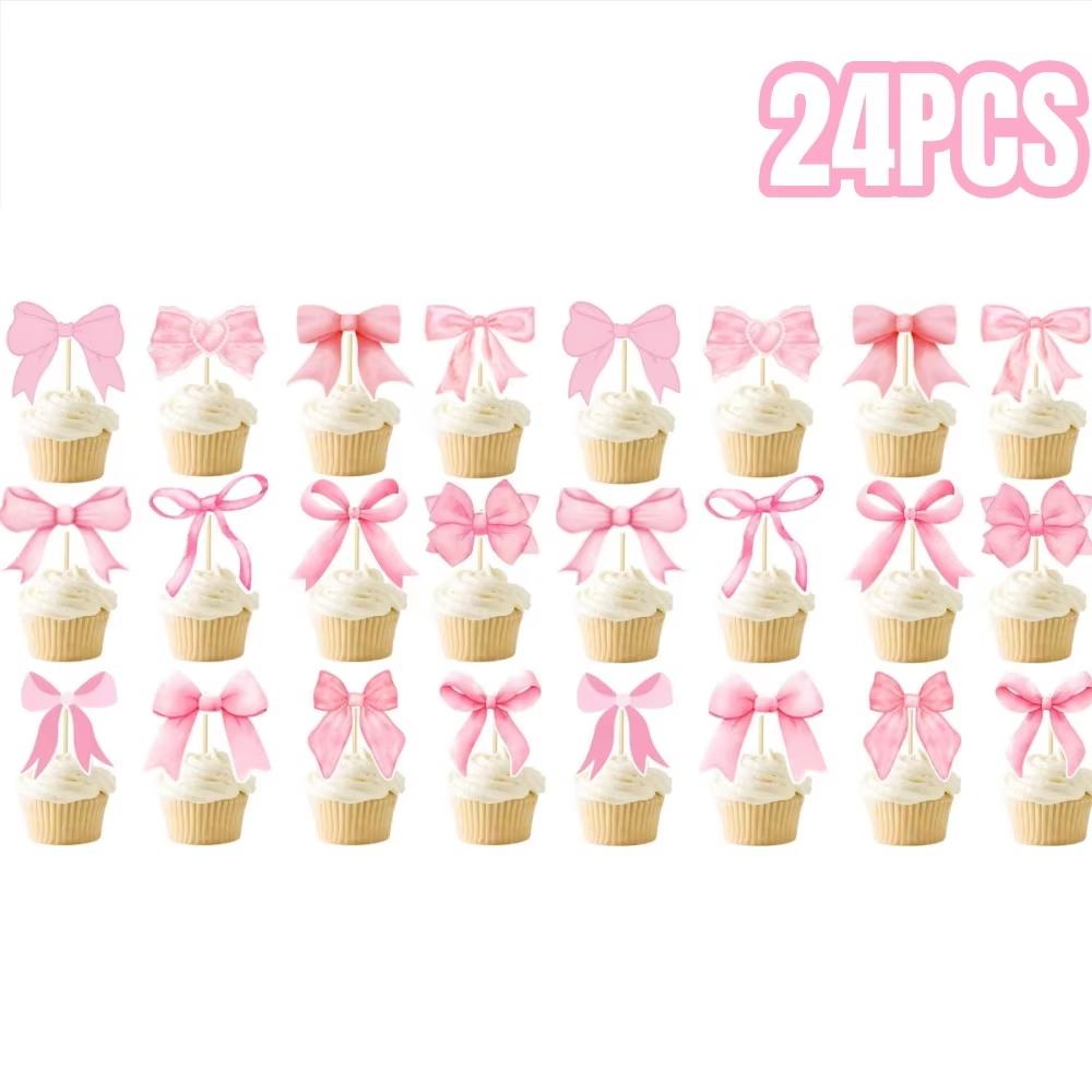 

24/48pcs Pink Bow Shaped Cake Topper Decoration Festival Birthday Themed Party Baby Shower Tea Party Bridal Cake Decor Props