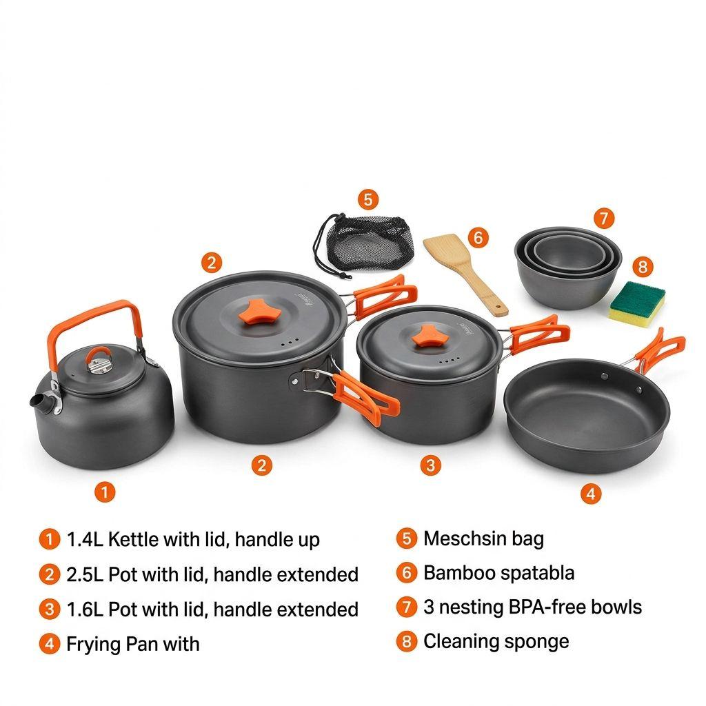Camping Cookware Mess Kit 2-3 Person Outdoor Cooking Set Hard Anodized Aluminum Pot Pan Kettle for Hiking Picnic Backpacking