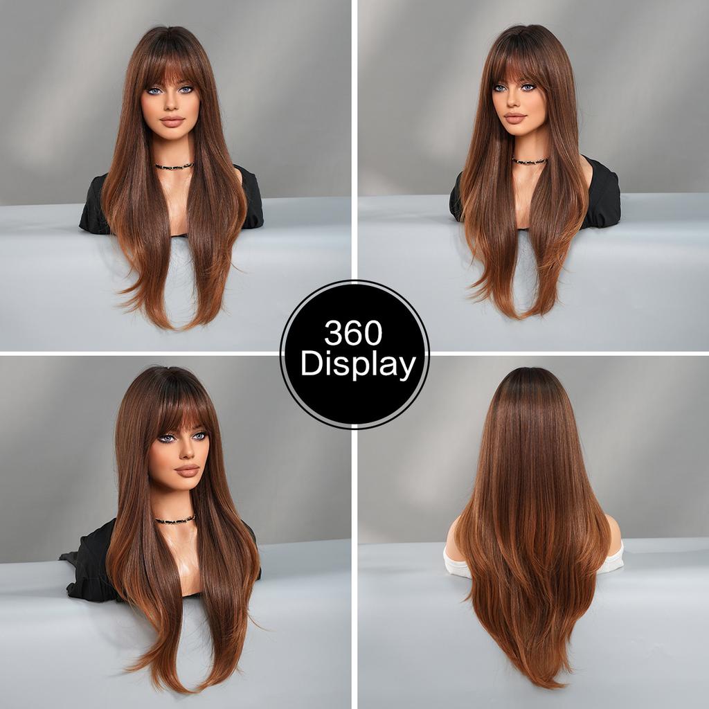 Ladies' Bangs Wig Brown Gold Gradient Fashion Layer Long Hair Natural Daily Full Head Set Synthetic