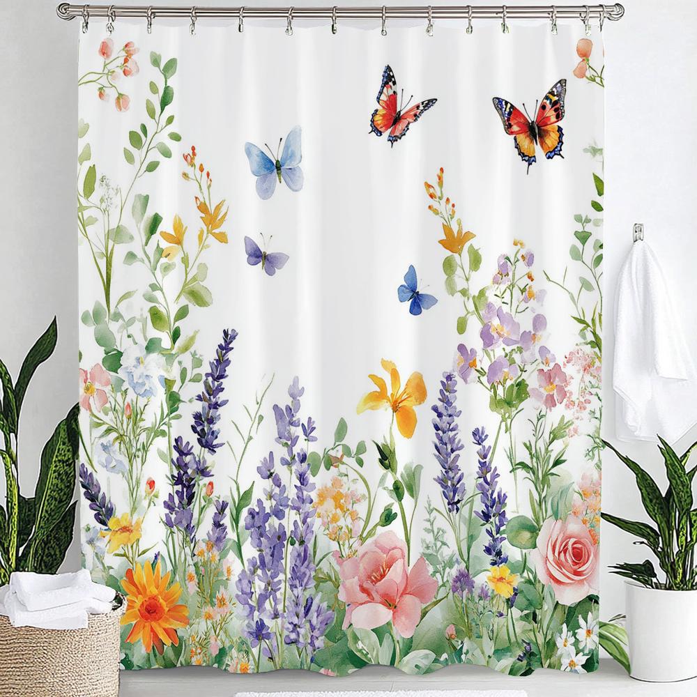 Spring Flowers Shower Curtain Floral Bathroom Curtain Romantic Refreshing Curtain, Printed Polyester Shower Curtain With Hooks