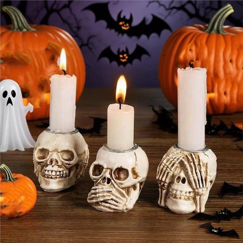 Feb.Resin Craft Halloween Skull Candle Holder, Table Decor Centerpiece Candlestick Candles, Spooky Creepy Design