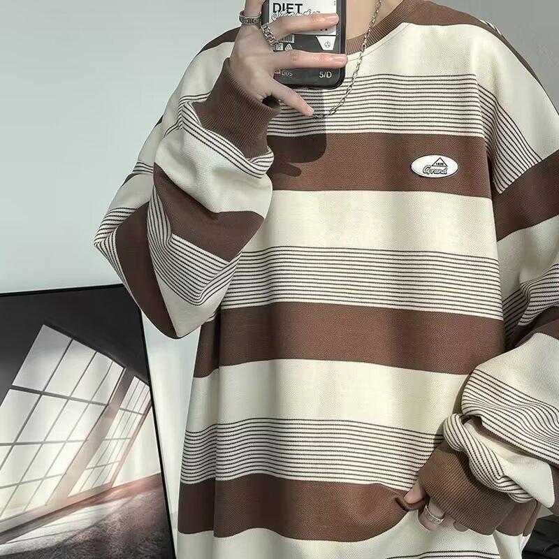 Crew Neck Sweater Men's Spring and Autumn Japanese Retro Lazy Style Striped Long-sleeved Top Teen Loose Casual Coat