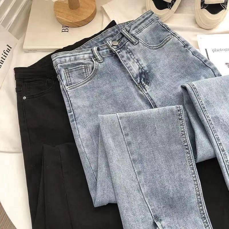 Streetwear Elastic Denim Flare Pants Woman High Waist Wide Leg Pants Vintage Split Jeans Woman Gray Bell Bottom Jeans