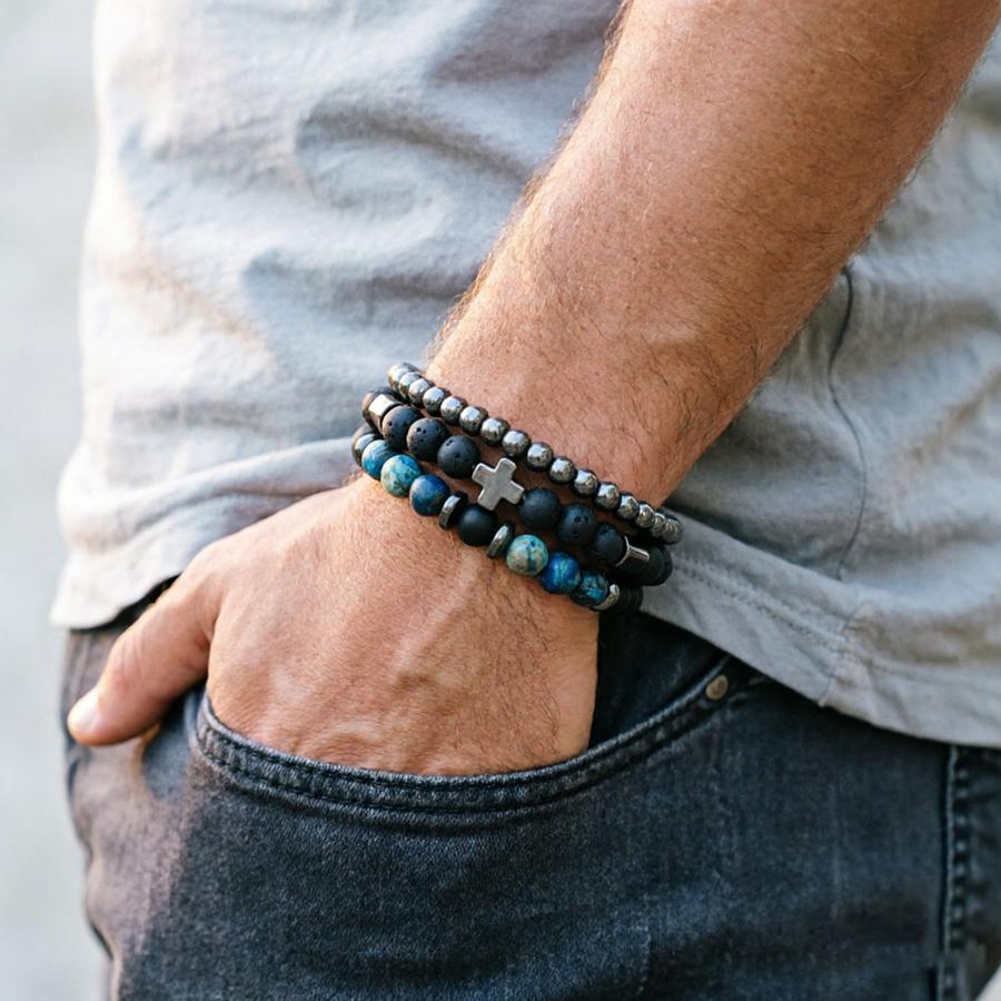 Stylish 3Pcs Men Bracelet Set Natural Tiger Eyes Lava Stone Beaded Braclet Hematite Healing Braslet Gift For Him Pulseria