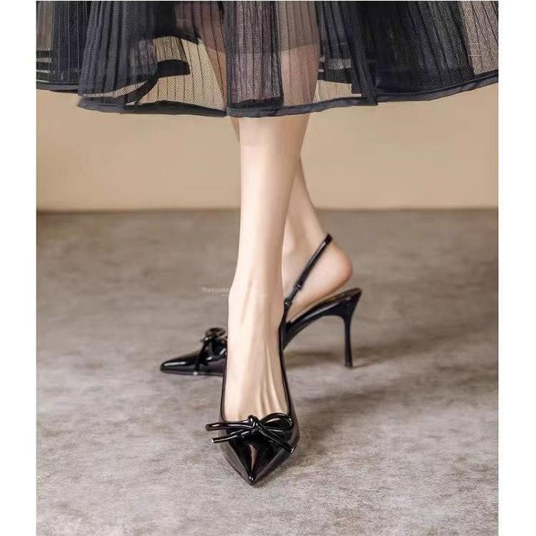 Beautiful Sandals Women's Spring and Summer New Temperament Bow Back Empty Shallow Mouth Single Shoes Pointed High Heels