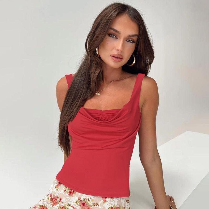 

Gusty Fancy Elegant Adult Lady like Woman Swing Collar Cinched Sleeveless Tops Female Fashion Sexy Wind Work Clothing Wild Vest Red L