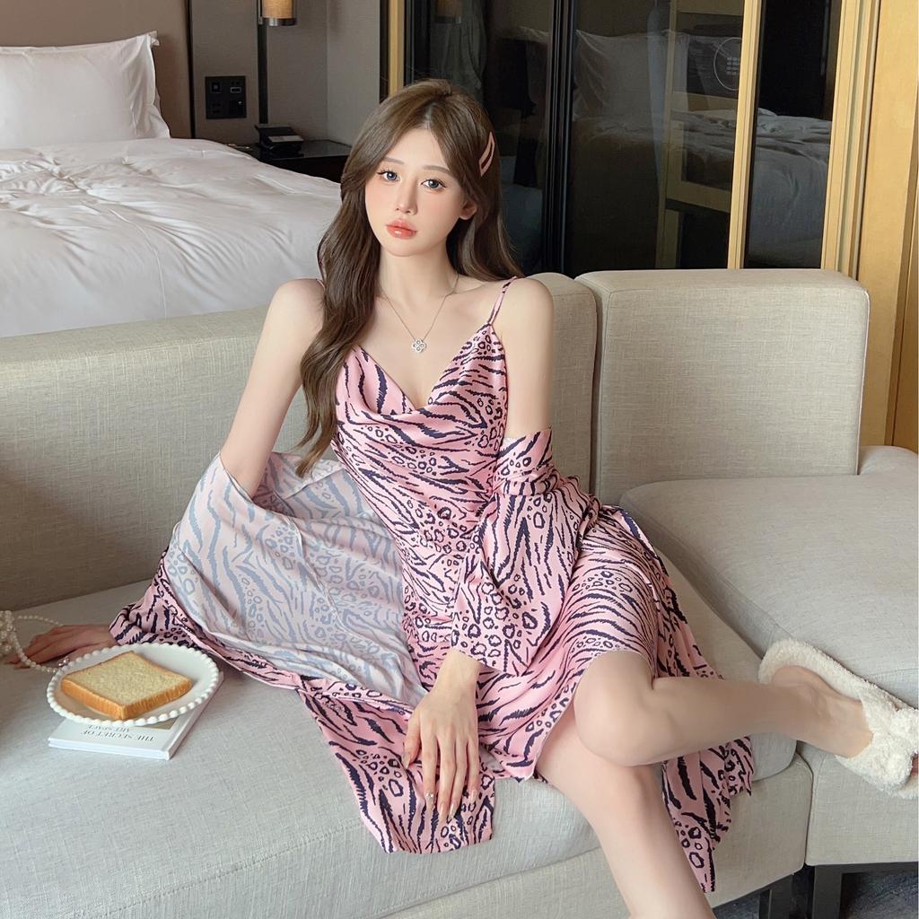 New Sexy Pajamas Women Ice Ribbon Chest Pad Summer Thin Suspender Nightdress Silk Printing Pure Desire Can Be Crossed