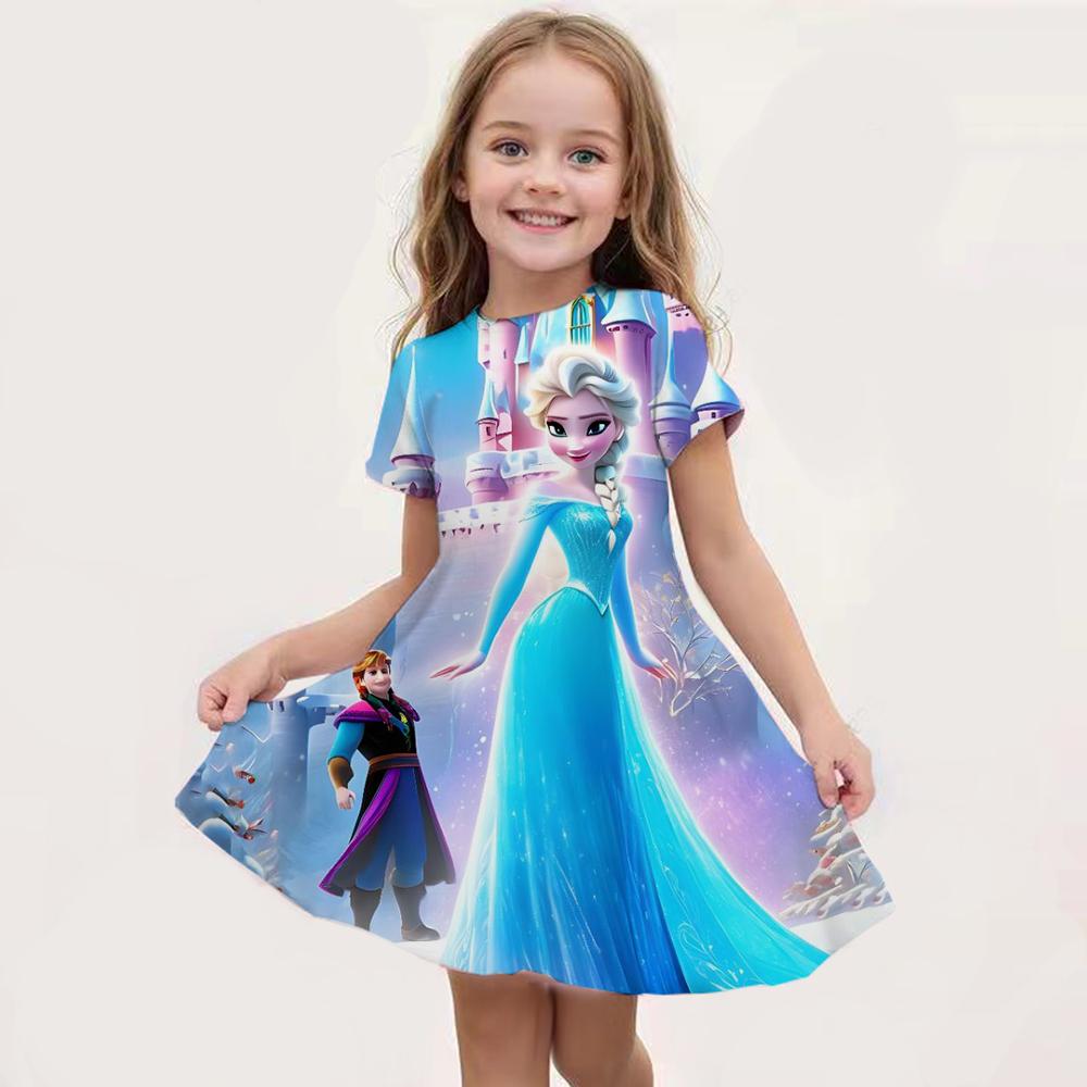 2026 Disney New Summer Girl Princess Elsa Dress Fashion Cartoon Cute 3d Print Dress Kid Short Sleeve Princess Frozen Clothing