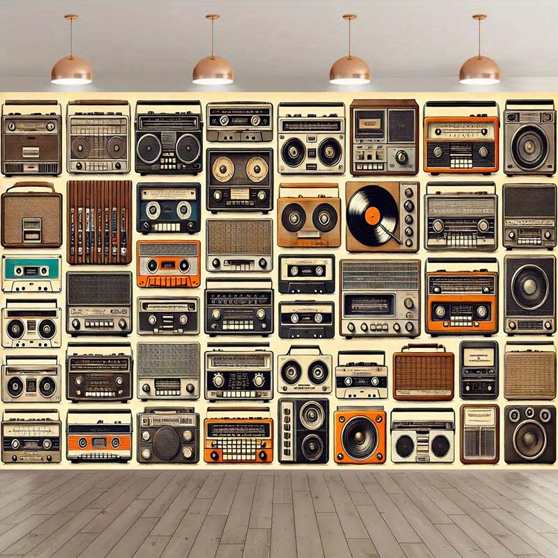 Retro audio party backdrop decoration - Mini speakers and tape wall decorations made of polyester for indoor/outdoor use