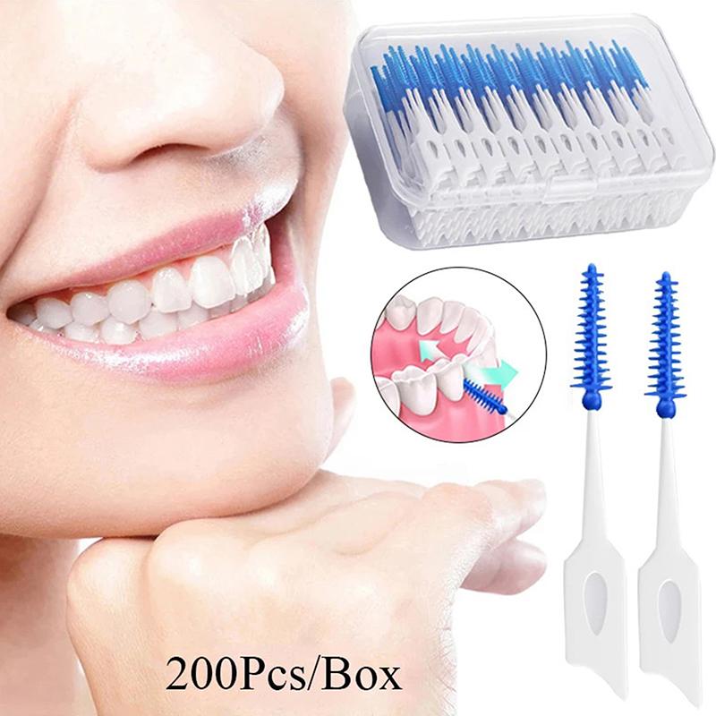Interdental Silicone Brushes 200 Units Dental Toothpicks Brush Between Teeth With Thread Oral Cleaning Tools