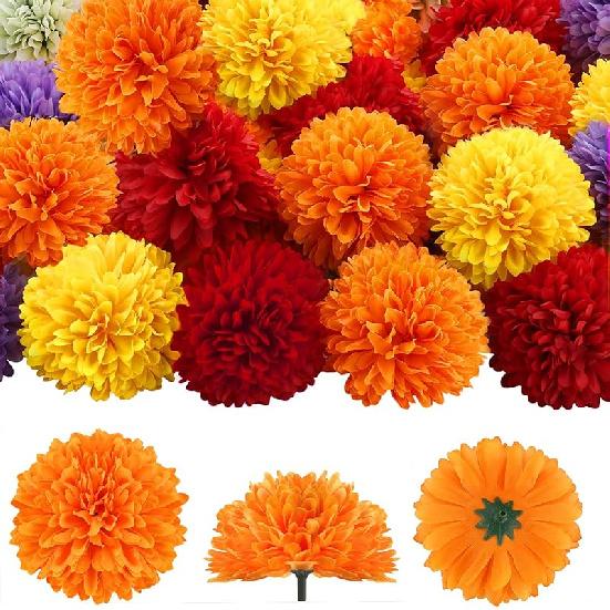 40Pcs 2.75'' Marigold Flowers Heads Bulk, Silk Marigold Artificial Flowers for Diwali Home Decor DIY Wreath Garland Craft Baby Shower Wedding Mexican
