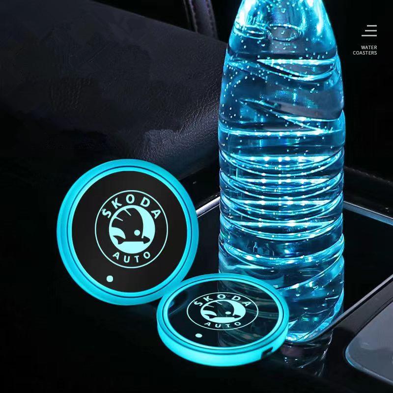 Vbjny0 7 Color LED Car Cup Holder Light Luminous Coaster Water Cup Pad For Skoda Octavia A5 A7 RS Fabia Superb Accessories