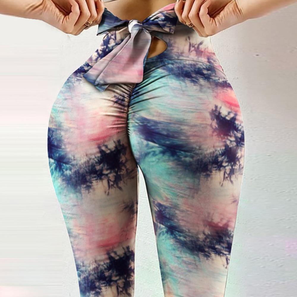New Arrival Fitness High-Stretch Sweat-Wicking Digital Print Bow-Tie Drawstring Trousers Leggings High-Waisted Slim-Fit Yoga Pants for Women