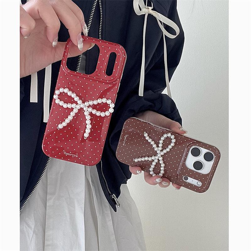 iPhone 17/16 Pro Max/15/14 Case: Korean Polka Dot 3D Pearl Bow for Women