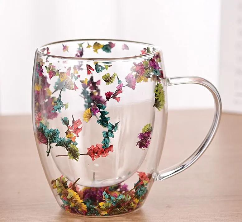 350ml Doppelwandige Glasbecher Tasse mit Trockenblumenfüllung mit Henkeln Küchenzubehör WLL2148