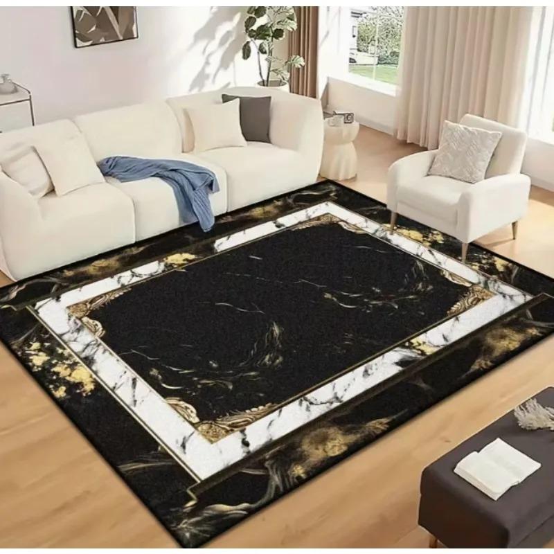 Luxury Black Marble Area Carpet Office Bedroom White and Gold Border Design Suitable for Modern Living Spaces, Bedroom Carpet