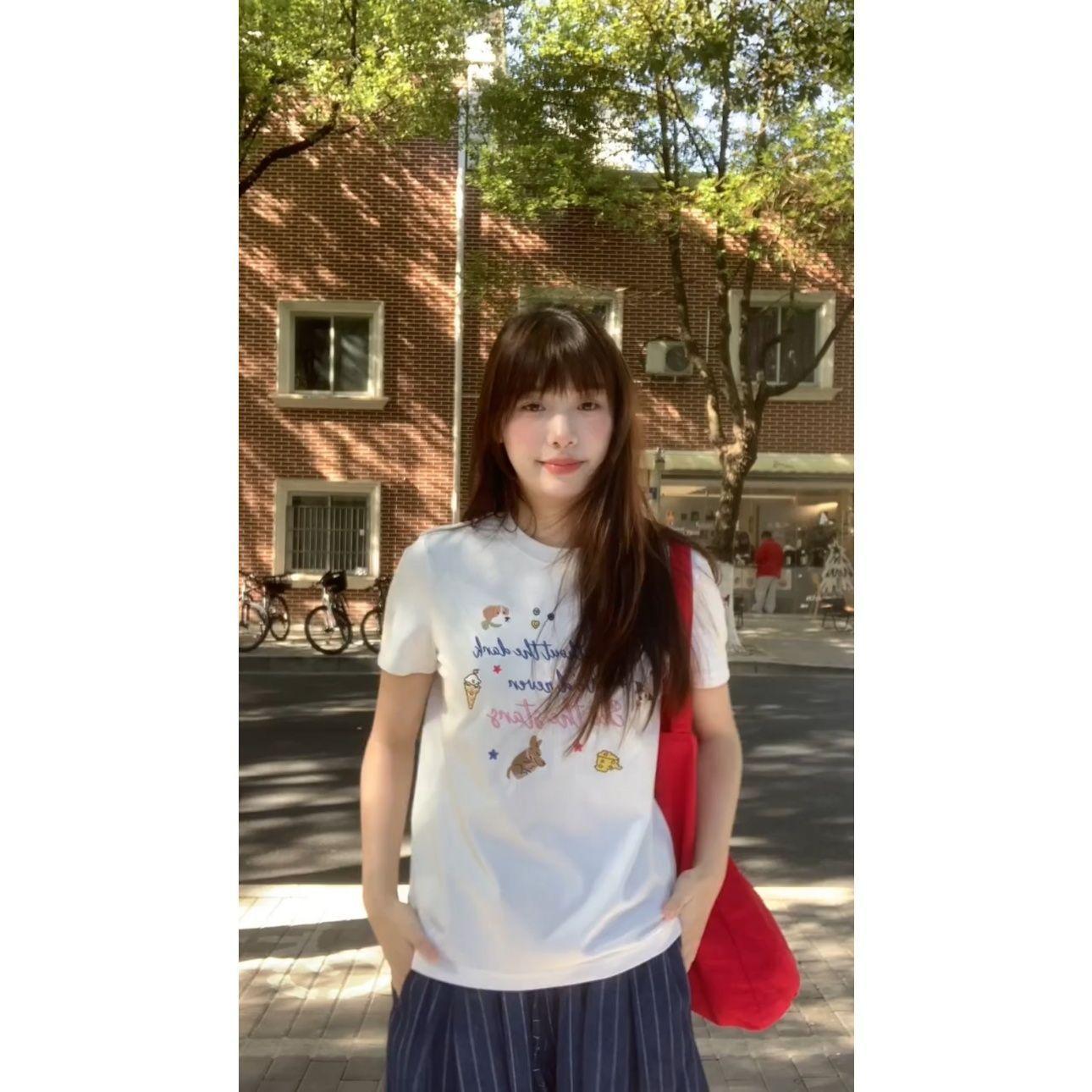 

American trendy brand front shoulder thin short-sleeved t-shirt women s pure cotton 2025 new summer loose design half-sleeved top M белый