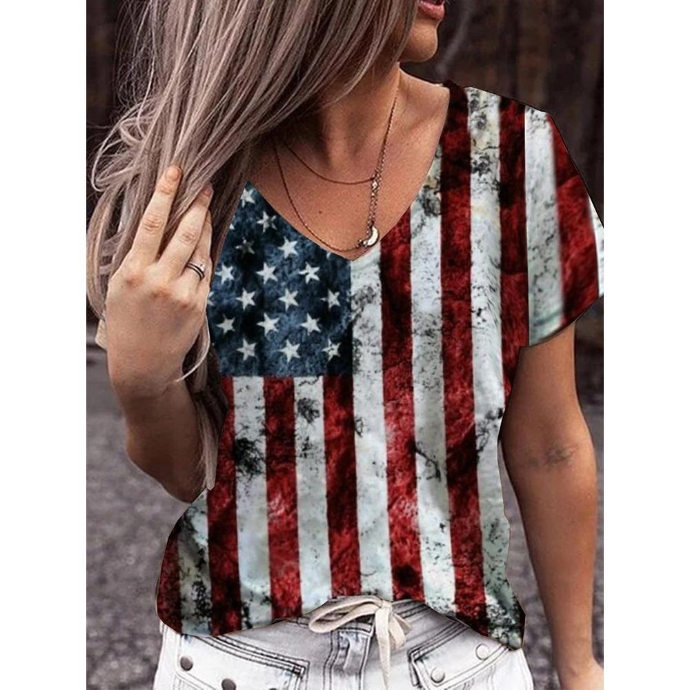 American Flag 3d Print T-shirt Women Fashion V-Neck T-shirts Short Sleeve Tops Tees Loose Casual Tees