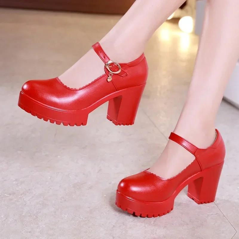 8cm 10cm Small Size 32-43 Elegant Office Ladies Soft Leather Mary Janes Platform Shoes 2025 Fall Block High Heels Shoes Work Mom