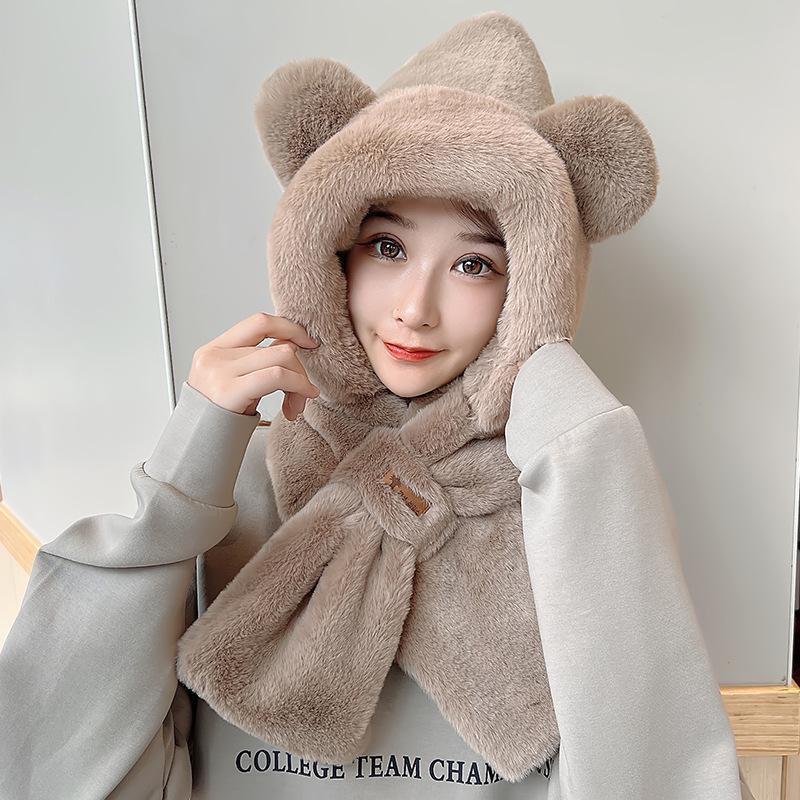 2023 Winter Cute Bear Ear Warm Hat Plush Scarf Hat Outdoor Windproof Cycling Hat Women Beanies Caps