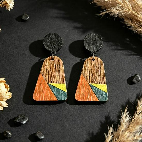 Bohemian Wooden Trapezoid Dangle Earrings with Ear Hooks for Women