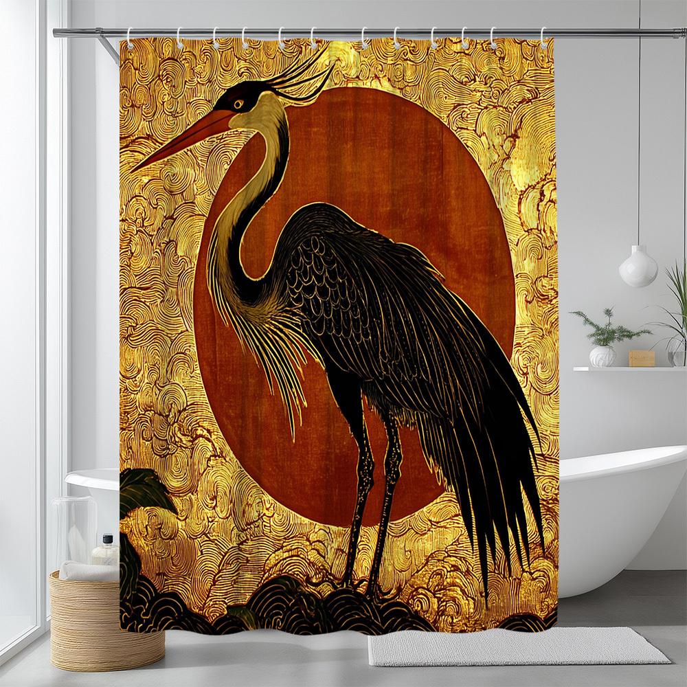 

1 шт. Занавеска для душа с природным пейзажем, рисунок журавля, фон с подкладкой из солнечного света, декоративная полиэстеровая ткань для ванной комнаты 90x180cm