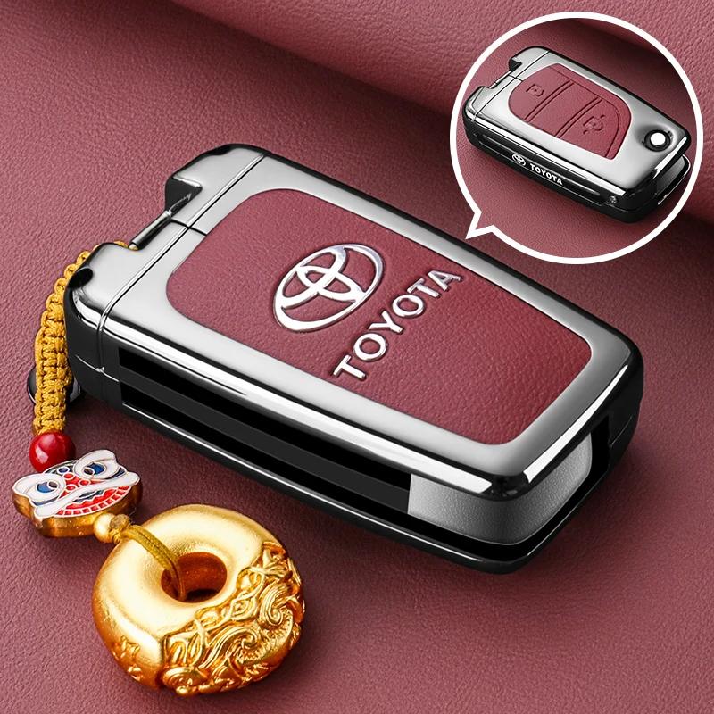 QHJS9 Zinc Alloy Leather Car Key Case Cover Shell for Toyota CHR Hilux Fortuner Land Cruiser 200 Camry Corolla Crown RAV4 Highland
