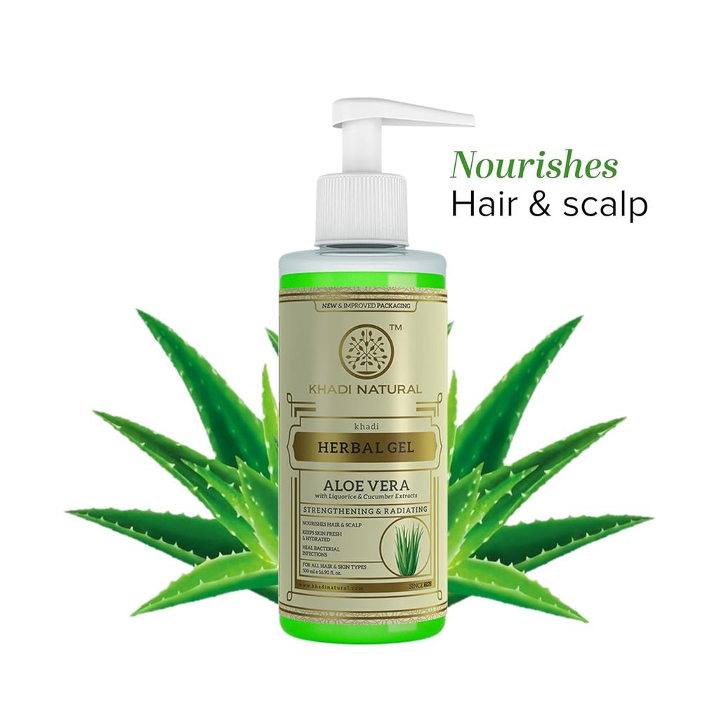 KHADI NATURAL Herbal Aloe Vera Gel 500 Ml With Dispenser Lightweight Non Sticky Daily Face And Body Hydrating Gel