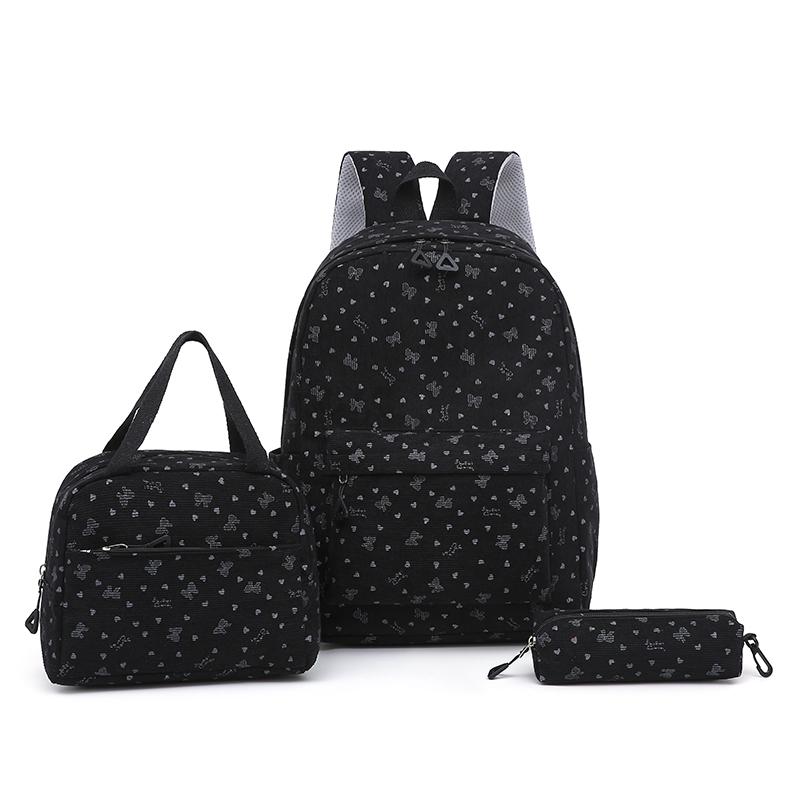 Three-Piece Backpack Set Bow Printed Corduroy Large Capacity Handbag Multi-Functional Backpack with Lunch Bag Pen Bag