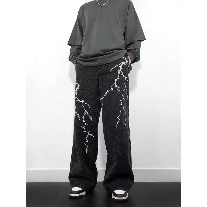 JYL Men's Wide-Leg Jeans Niche Lightning Embroidered Spring American Street Denim