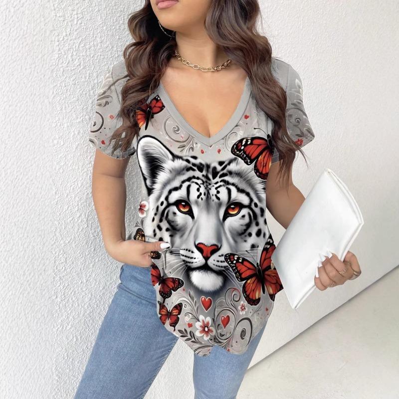 Women's Summer Short Sleeve T-Shirts V-Neck Tiger Printed Shirts Loose Plus Size Pullover Tops