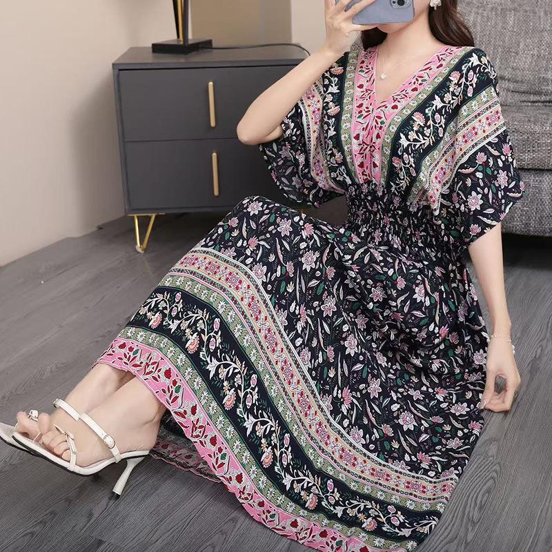 25th Anniversary Ethnic V-Neck Rayon Short Sleeve French-Thai Print Holiday Dress for Women