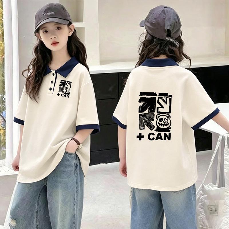 Trendy Girls' Cotton Polo Shirt - Summer 2026 Patchwork Lapel Short Sleeve Tee for Medium and Large Children