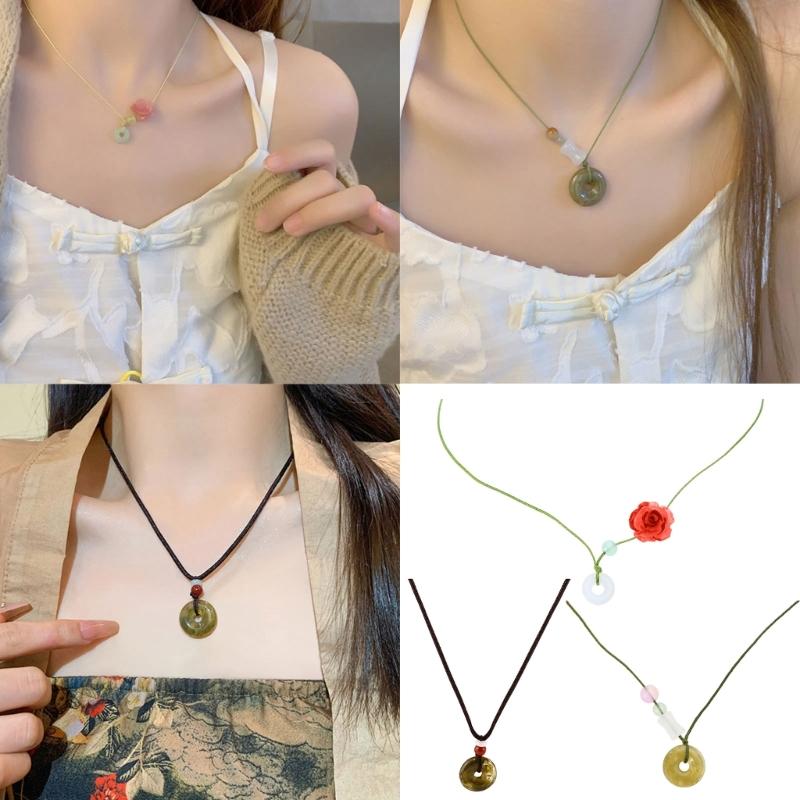 Jade Beads Safety Buckle Camellia Flower Necklace Female Temperament Long Rope Collarbone Chain Adjustable Chain Jewelry