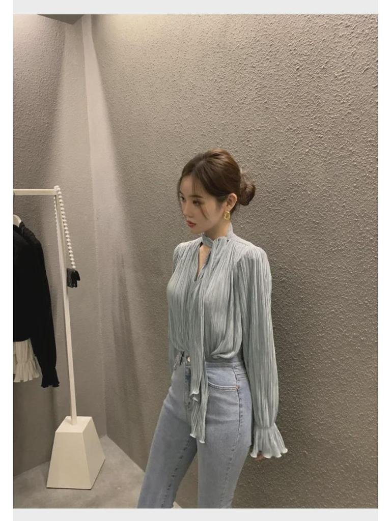 New V-Neck Trumpet Sleeve Loose Fit Casual Long-Sleeve Women's Top