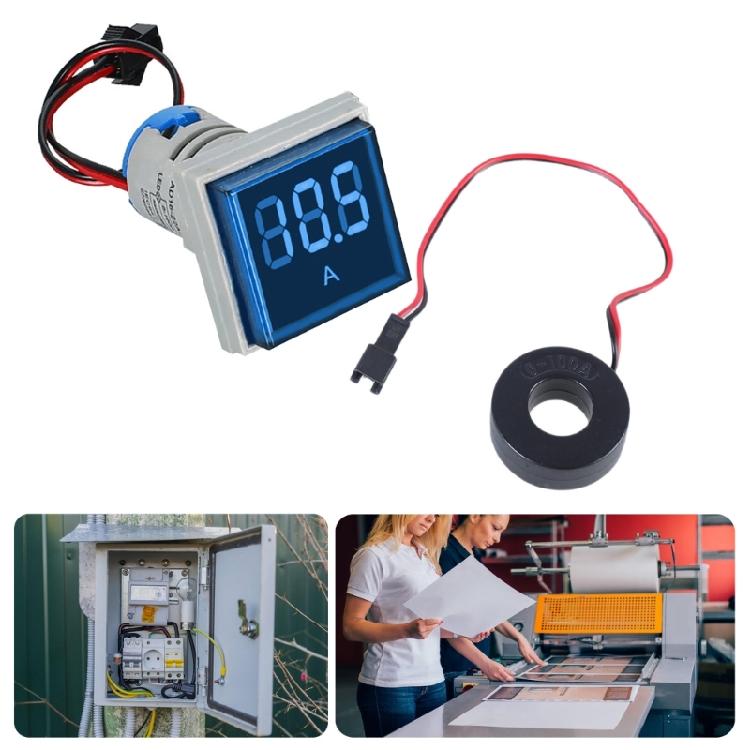 22mm Square Head Current Tester Gauge Digital Ammeter AC100A Current Meter LED Backlit Screen 0-100A Current Detector