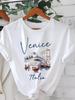 T-shirt da Donna con Stampa Santorini Grecia Manica Corta Scollo Casual Top con Cupola Blu e Verde Rigoglioso Souvenir Viaggio Primavera Estate