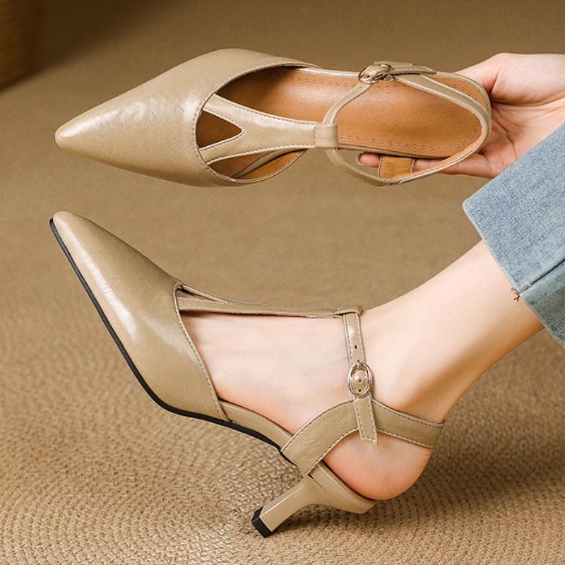 Elegant Women's Sandals Summer Shoes 2025 T-strap Close Point toe Apricot Beige High Heels Dress Shoes Ladies Designer Big Size