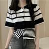 Design Sense Contrasting Color Splicing POLO Collar Knitted Half Sleeved Top Summer Short Sleeved T-shirt for Women