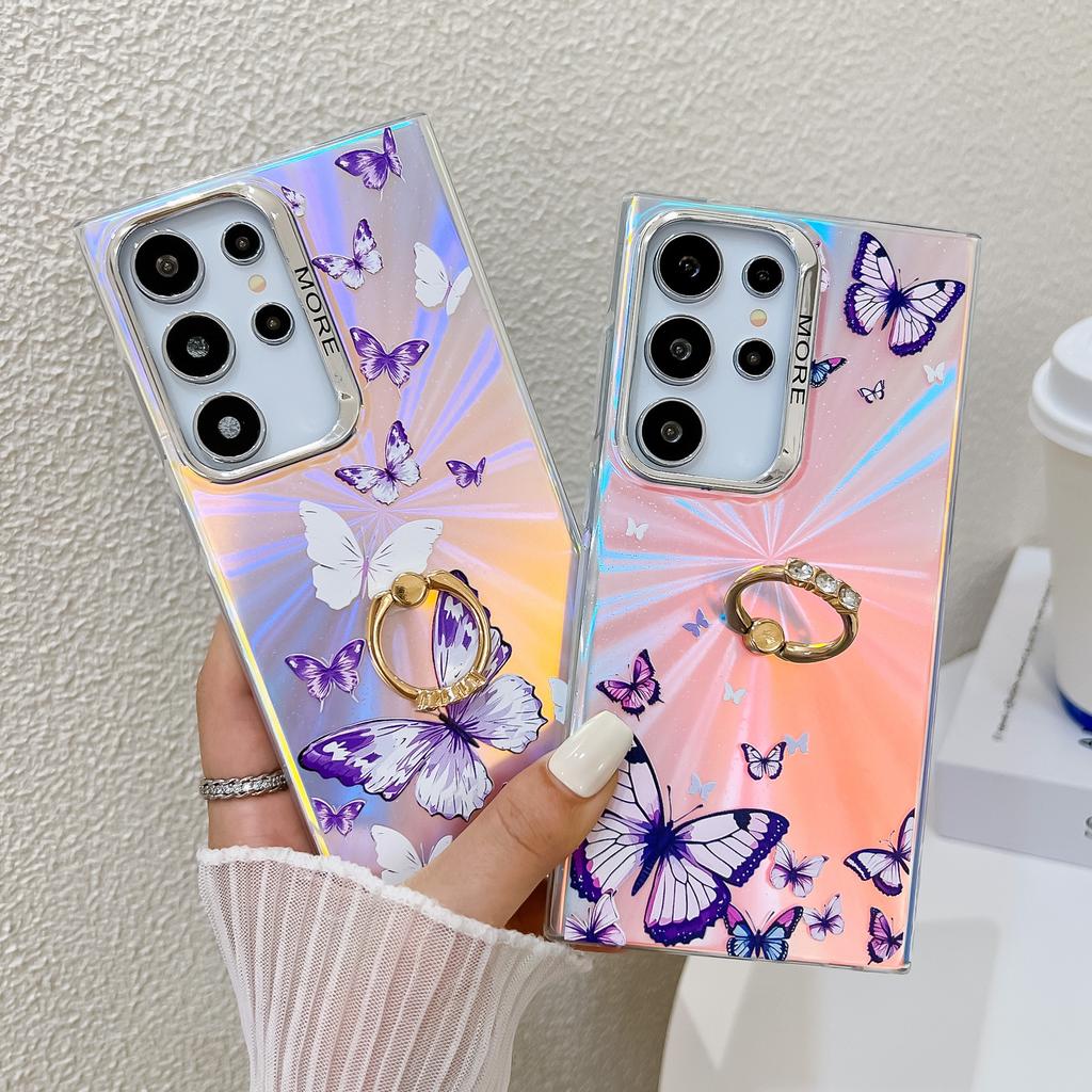 Laserový Vzor Motýl Vhodný pro Pouzdro na Mobilní Telefon Samsung S25ultra Galvanicky Pokovený S24Plus Prstenový Držák A56 Ochranné Pouzdro