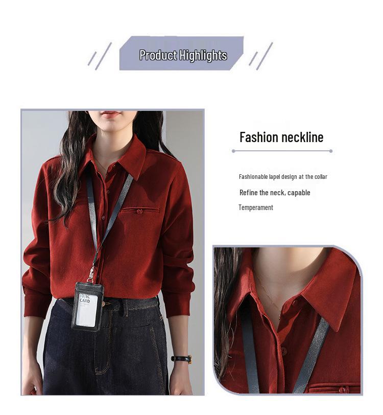 Women's Retro Red Lapel Shirt - 2026 Spring/Autumn Brushed Long Sleeve Top