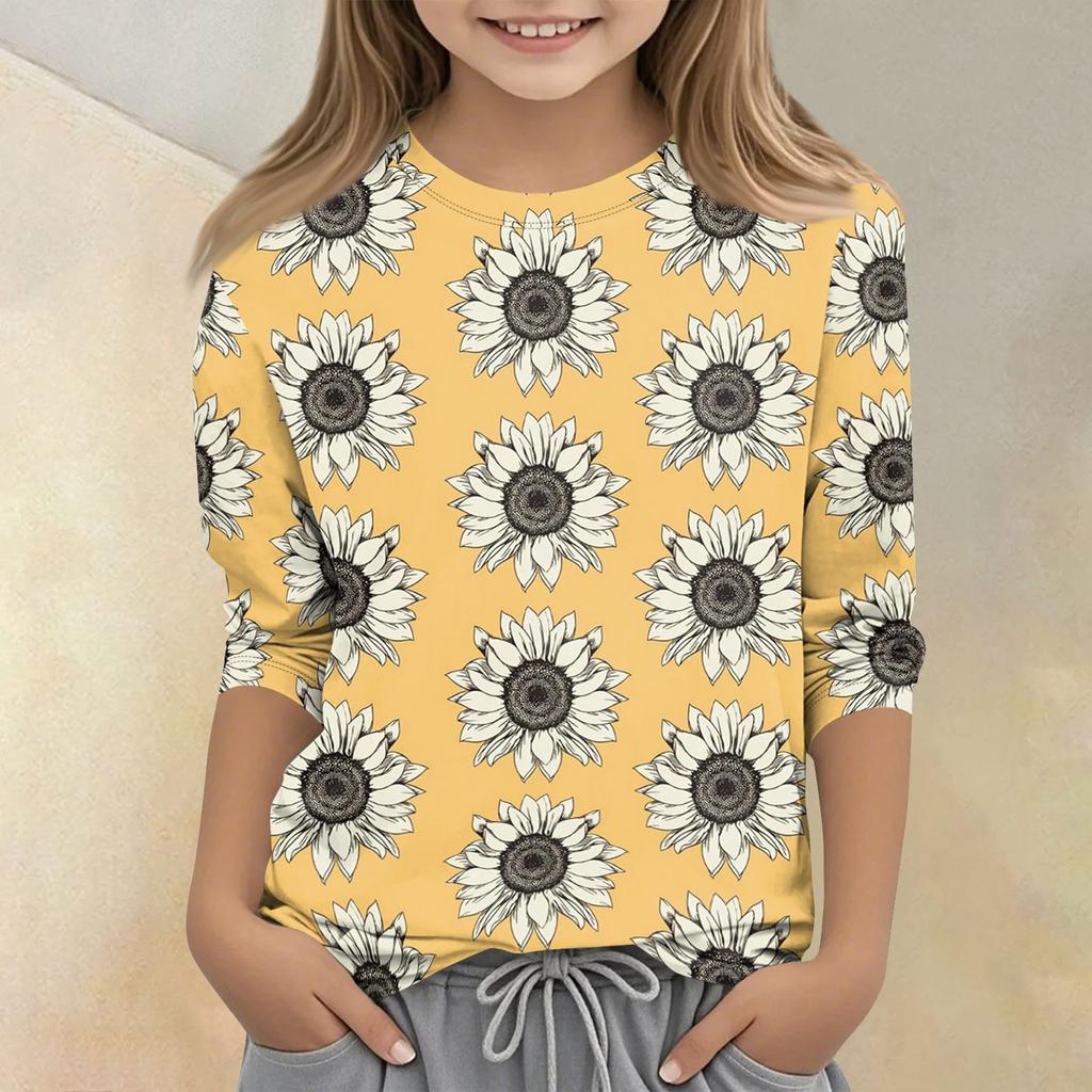 Kinder bedrucktes Rundhals Siebenviertelarm Freizeit T-Shirt