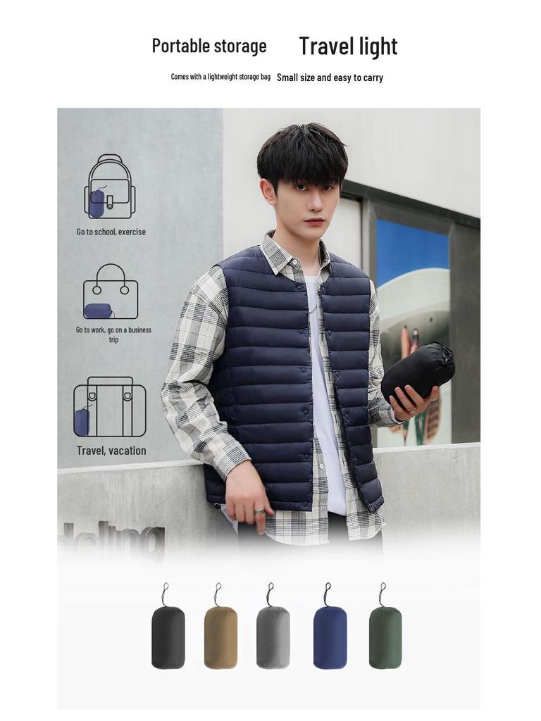Men's Ultra-Light Down Vest, Large Size, Winter 2026, Short Style with Round Neck, Casual and Portable