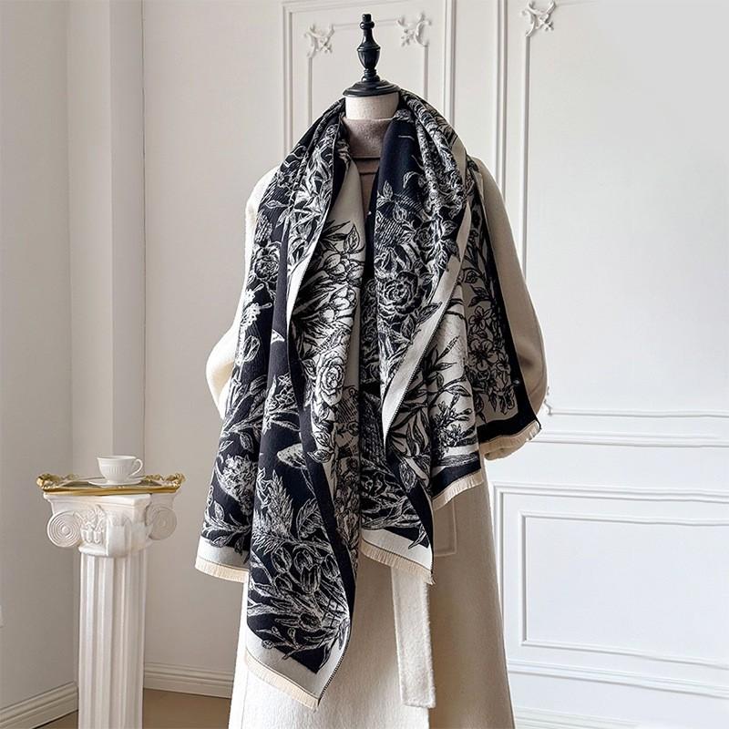 Elegant French Vintage Butterfly Print Faux Cashmere Scarf Women Warm Thick Wrap Shawl Office Winter