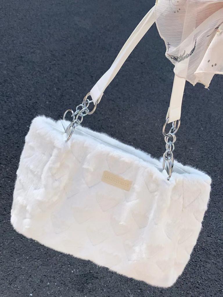 Sweet Love Heart Purse Women's Furry Tote Bags Winter Fashion Ladies Faux Fur Handbags Elegant Female Soft Plush Shoulder Bag