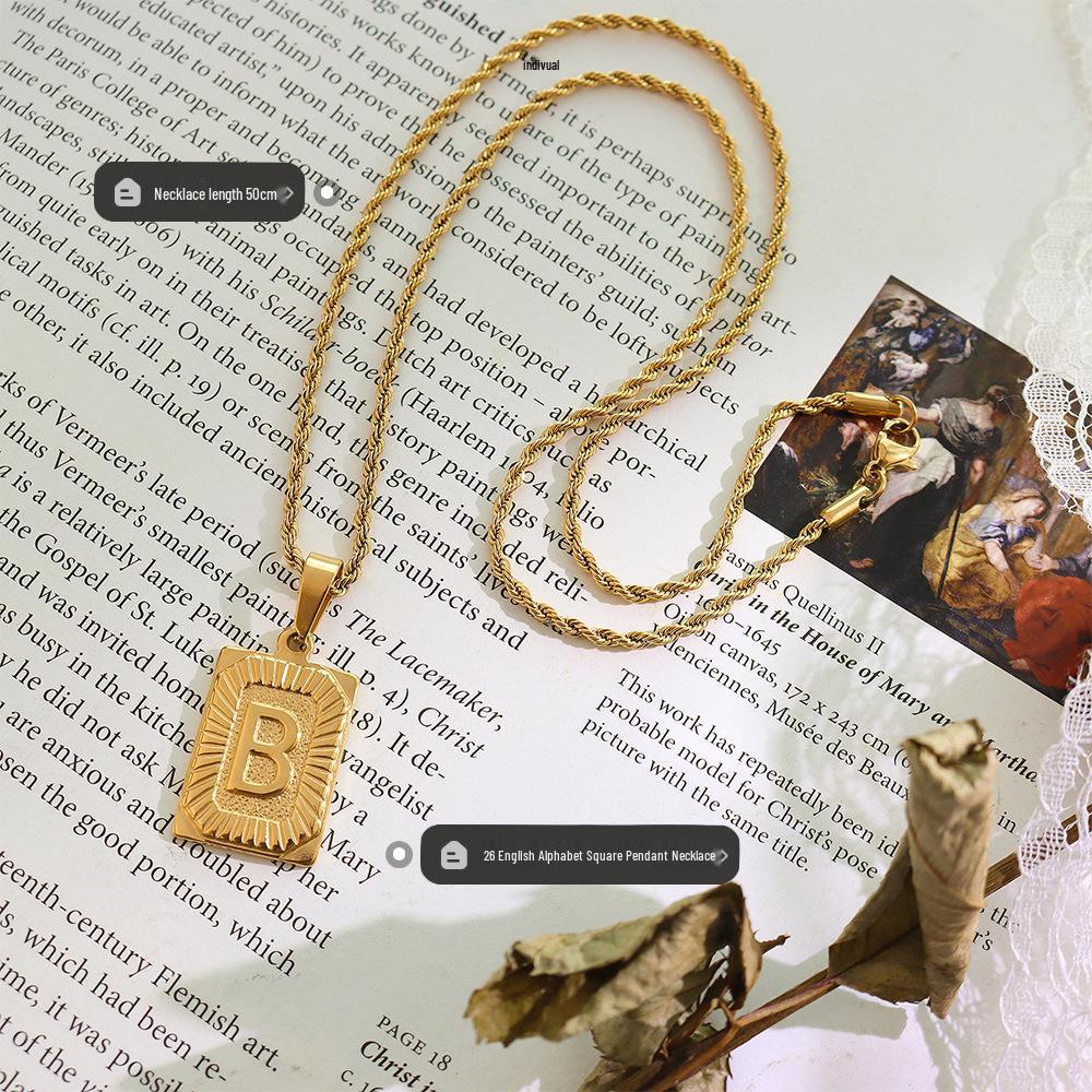 Qiong Yao Hip Hop 26-Letter Square Pendant Necklace, Clavicle Chain, 18K Gold Plated Titanium Steel.