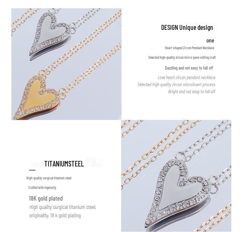 Korean Zircon Peach Heart Pendant Necklace in 18K Gold-Plated Titanium Steel
