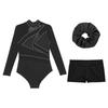 Girls Mesh Long Sleeve Cutout Back Sparkly Rhinestone Leotard V Front Waistband Shorts Hairband Gymnastics Set