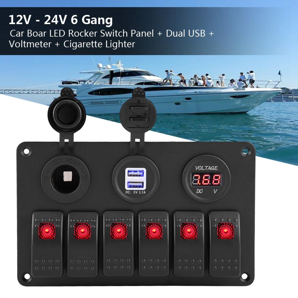 12V 24V 6 Gang Car Boat Marine LED Rocker Switch Panel Dual USB Voltmeter Cigarette Lighter