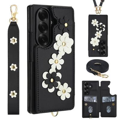 Crossbody pouzdro na telefon pro Samsung Galaxy Z Fold 7 Fold 6 5 4 Květinový design Slot na karty Flip peněženka Držák Řemínek na ruku Kožený kryt